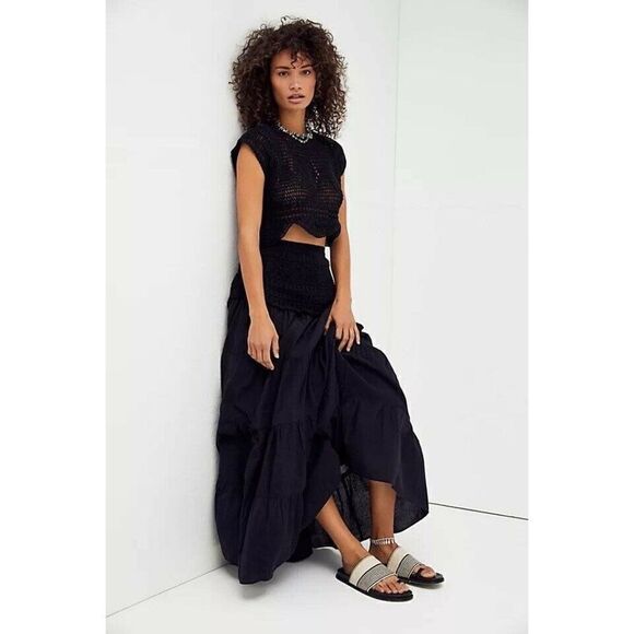 NEW FREE PEOPLE Sz XS BUTTERCUP CROCHET TIERED MAXI SKIRT  IN BLACK - Picture 1 of 3